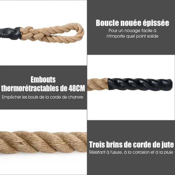 Corde de Chanvre 4,5M Diamètre de 38MM Corde de Sport en Jute Poignées en Caoutchouc