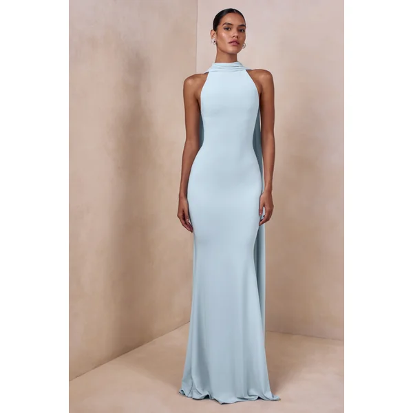Cordy | Robe longue bleu poudré à col montant avec cape