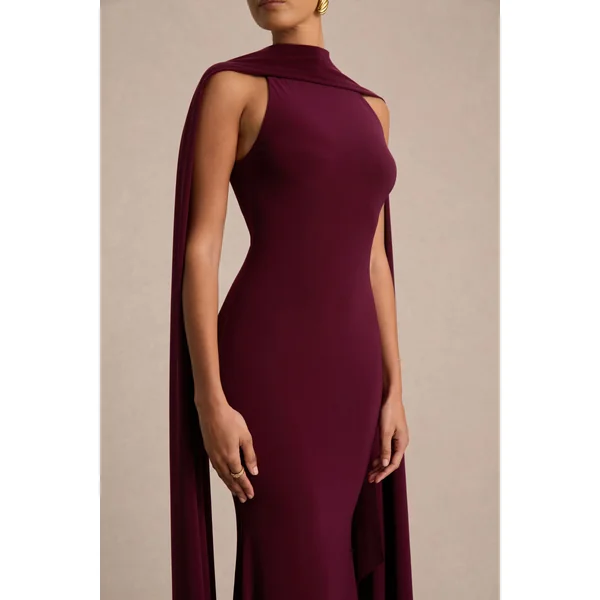 Cordy | Robe longue bordeaux à dos nu avec détail foulard