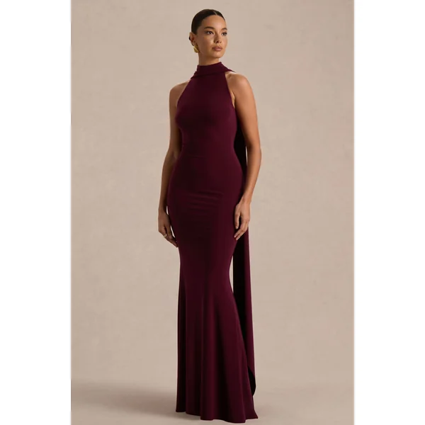 Cordy | Robe longue bordeaux à dos nu avec détail foulard