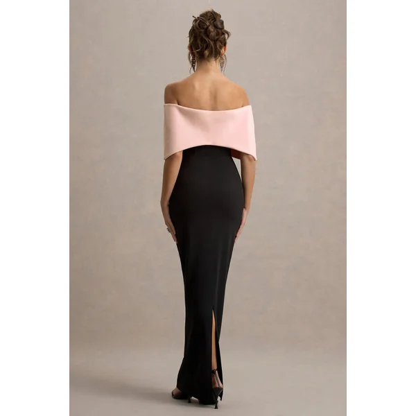 Cornelia | Robe Longue Sans Bretelles Rose et Noire avec Nœud Oversize