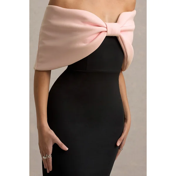 Cornelia | Robe Longue Sans Bretelles Rose et Noire avec Nœud Oversize