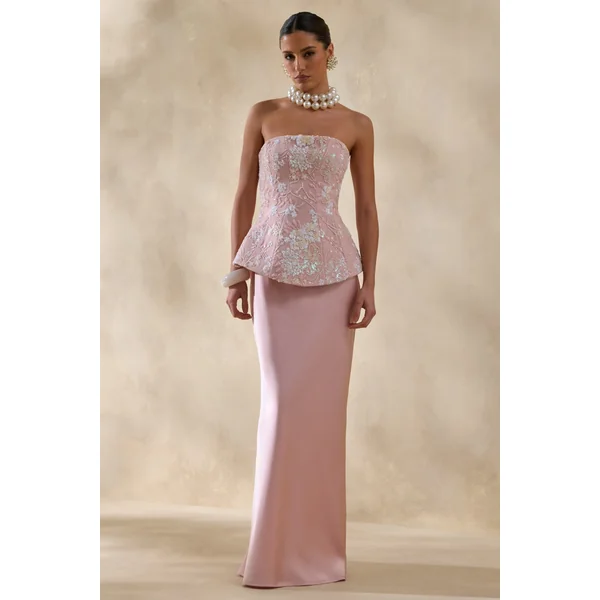 Corvina | Robe longue rose à fleurs ornées avec corset bandeau