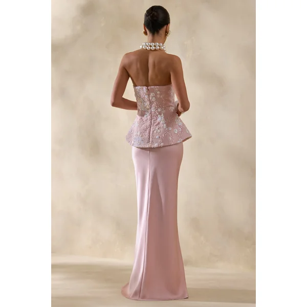 Corvina | Robe longue rose à fleurs ornées avec corset bandeau