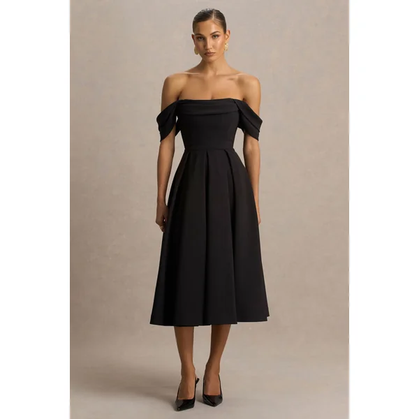 Cosima | Robe mi-longue noire à décolleté bardot