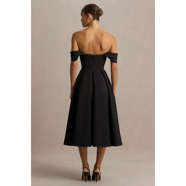 Cosima | Robe mi-longue noire à décolleté bardot