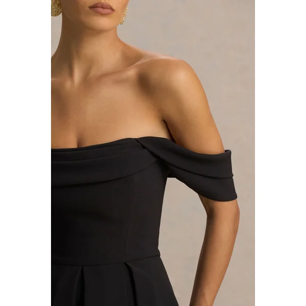 Cosima | Robe mi-longue noire à décolleté bardot