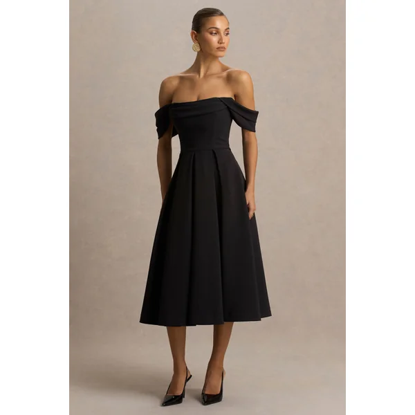 Cosima | Robe mi-longue noire à décolleté bardot