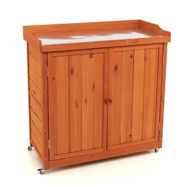 Costwy Rangement de Jardin Armoire en Bois Table de Jardinage avec Etagère Amovible 4 Roues Universelles Plateau en Acier Galvanisé