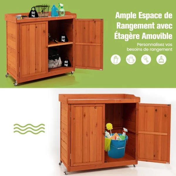 Costwy Rangement de Jardin Armoire en Bois Table de Jardinage avec Etagère Amovible 4 Roues Universelles Plateau en Acier Galvanisé