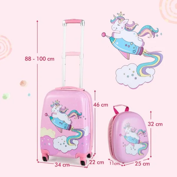 Cosyway Lot de 2 Valise Cabine Enfant 18”+ Sac à Dos 12,5” Bagages Enfant pour Garçons Filles avec Poignée Rétractable 88-100cm Motif Licorne