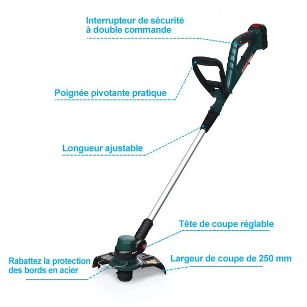 Coupe-Bordures Sans Fil Ø de Coupe 250mm 18V avec Batterie 2000mAh-Poignée