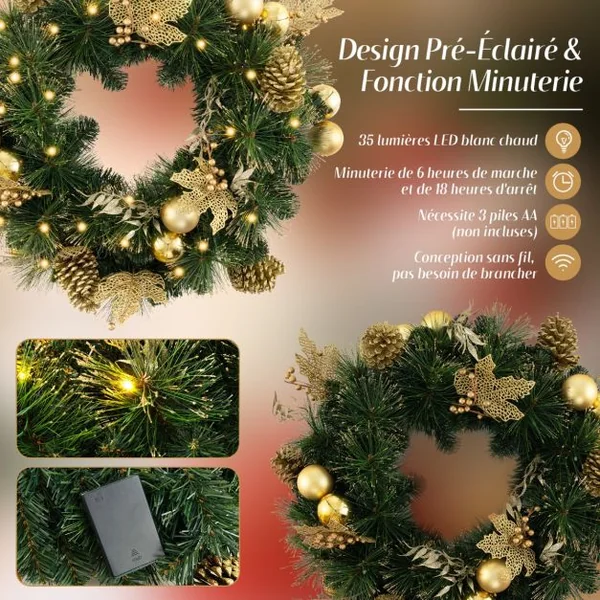 Couronne de Noël Artificielle Pré-éclairée Ø 60cm Décoration de Noël avec 35 Lumières LED Blanc Chaud