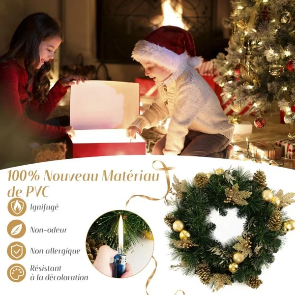 Couronne de Noël Artificielle Pré-éclairée Ø 60cm Décoration de Noël avec 35 Lumières LED Blanc Chaud