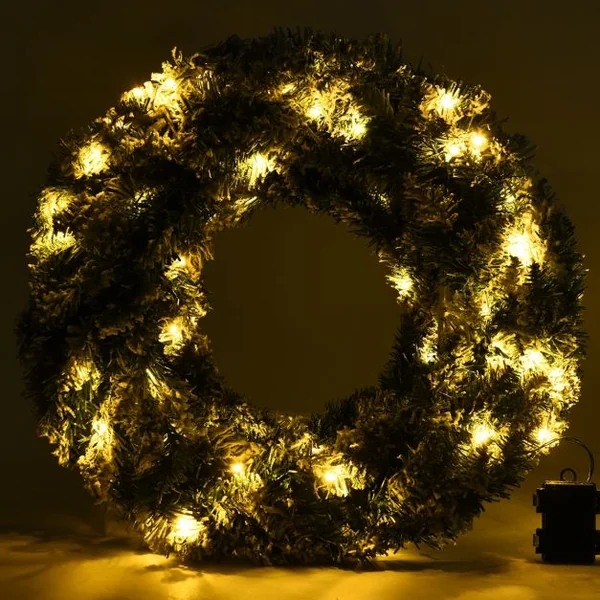 Couronne de Noël Décorative avec 50 Lumières Led Batterie Sans Fil en Pvc et Métal 60x183cm Blanc et Vert