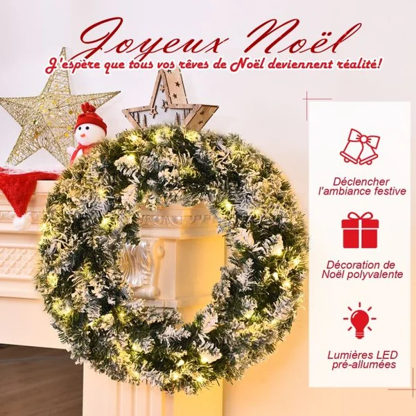 Couronne de Noël Décorative avec 50 Lumières Led Batterie Sans Fil en Pvc et Métal 60x183cm Blanc et Vert