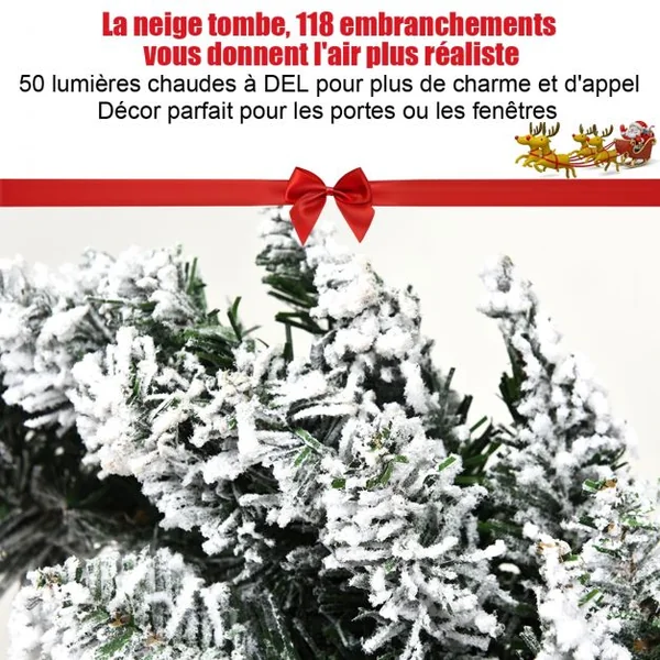 Couronne de Noël Décorative avec 50 Lumières Led Batterie Sans Fil en Pvc et Métal 60x183cm Blanc et Vert