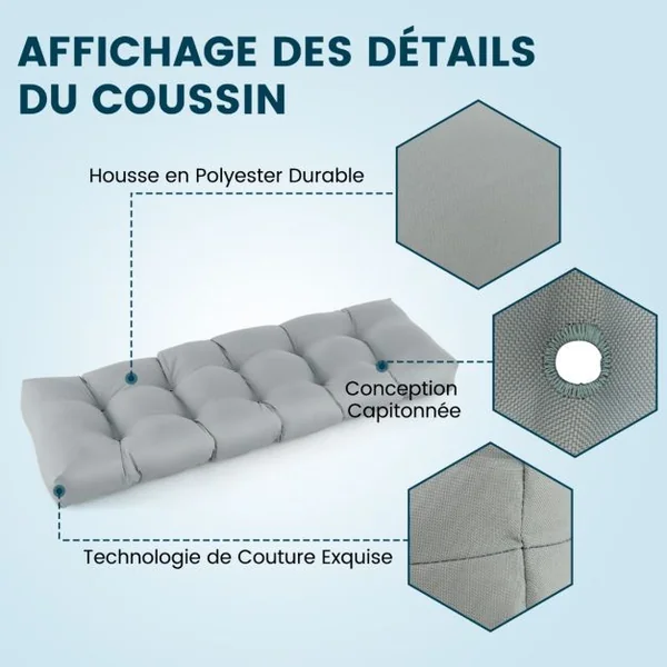 Coussin Banc Extérieur Intérieur 132x49x15 CM pour Bancs de Jardin Coussin Salon de Jardin Extérieur Coton PP Doux Matelas Gris