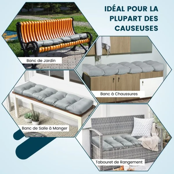 Coussin Banc Extérieur Intérieur 132x49x15 CM pour Bancs de Jardin Coussin Salon de Jardin Extérieur Coton PP Doux Matelas Gris