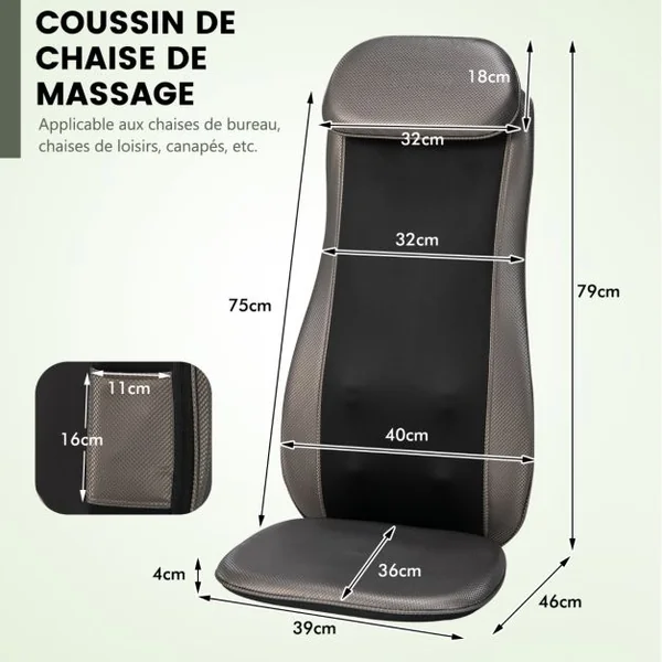 Coussin de Chaise de Massage Massage du Dos par Vibrations Thermiques avec Rabat Arrière Amovible pour Oreiller Cervical Noir