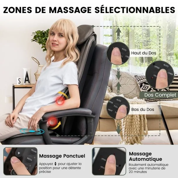 Coussin de Chaise de Massage Massage du Dos par Vibrations Thermiques avec Rabat Arrière Amovible pour Oreiller Cervical Noir