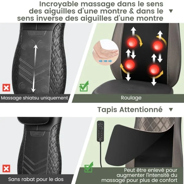 Coussin de Chaise de Massage Massage du Dos par Vibrations Thermiques avec Rabat Arrière Amovible pour Oreiller Cervical Noir