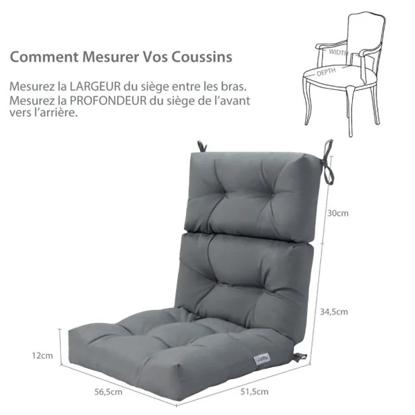Coussin de Chaise à Dossier Haut, Coussin de Siège de Chaise de Patio, Sangles en Corde Antidérapantes, Protection Solaire, Eponge Epaisse, en Polyester Respirant, pour Intérieur Extérieur
