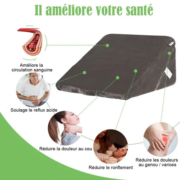Coussin Triangulaire Inclinable 7 en 1 Oreiller Multifonction en Mousse à Mémoire de Forme+flanelle 58x33x52cm Gris