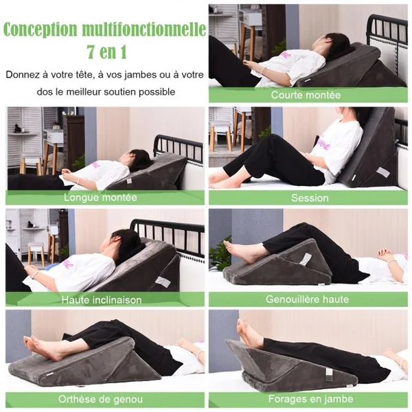 Coussin Triangulaire Inclinable 7 en 1 Oreiller Multifonction en Mousse à Mémoire de Forme+flanelle 58x33x52cm Gris