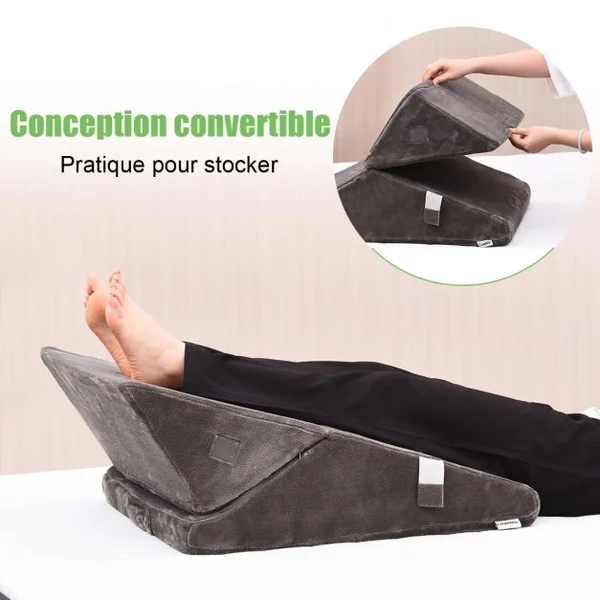 Coussin Triangulaire Inclinable 7 en 1 Oreiller Multifonction en Mousse à Mémoire de Forme+flanelle 58x33x52cm Gris