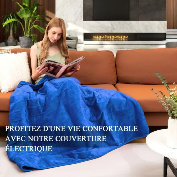 Couverture Chauffante 162x131,5 cm Minuterie 9 Heures Arrêt Automatique 9 Réglages de Chaleur Contrôleur en Flanelle Bleu