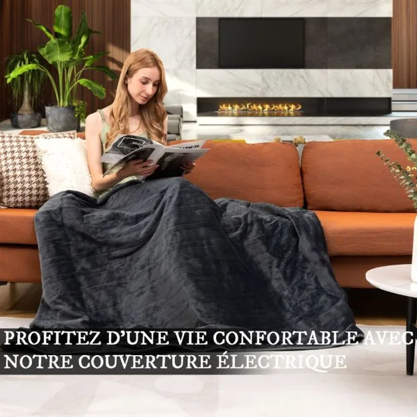 Couverture Chauffante Electrique avec Télécommande à Double Commande Réglages de Chaleur Minuterie 9 Heures Gris