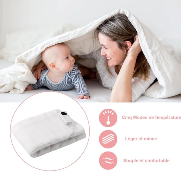 Couverture Chauffante Électrique Chauffe Matelas Température Réglable à 5 Niveaux Lavable Minuterie, 193x137cm, Blanc