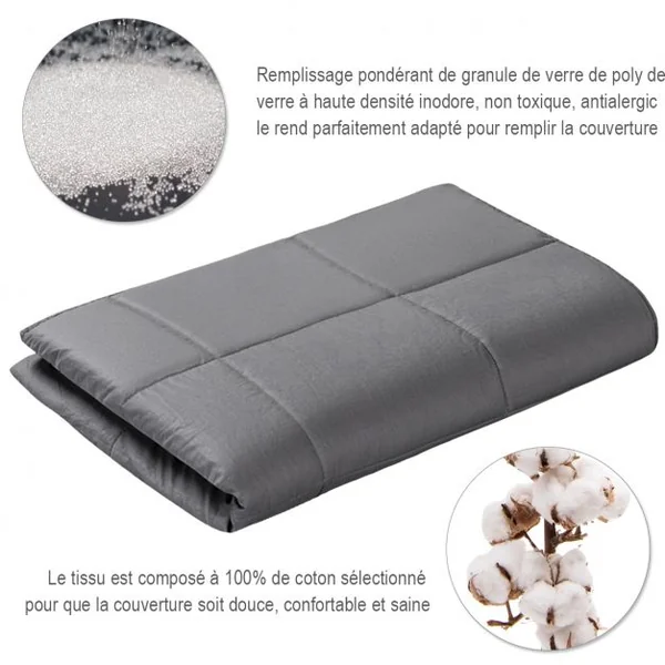 Couverture Pondérée Couverture de Légère à Lourde Soulage le Stress 100% Coton Respirant 9 kg, 152 x 203 cm, Grise