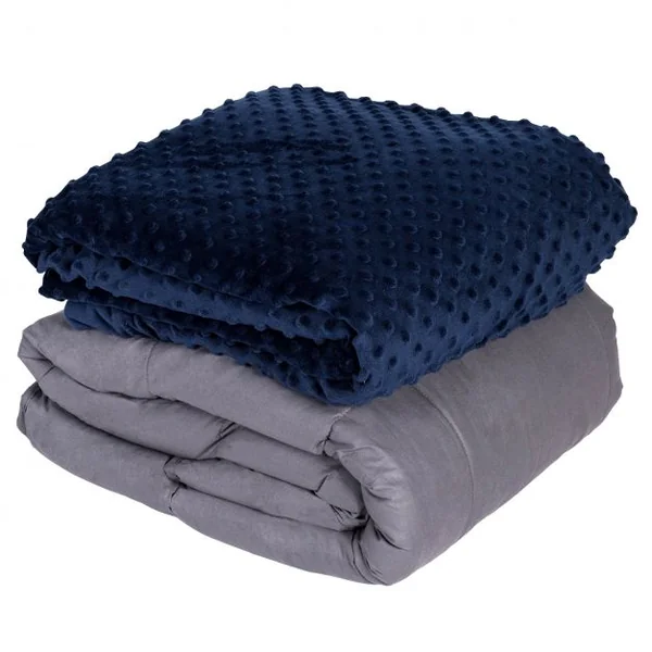Couverture Pondérée Lestée 85 Kg Housse Amovible 8 Boucles en Coton et Perles de Verre 122x183cm Bleu et Gris Foncé