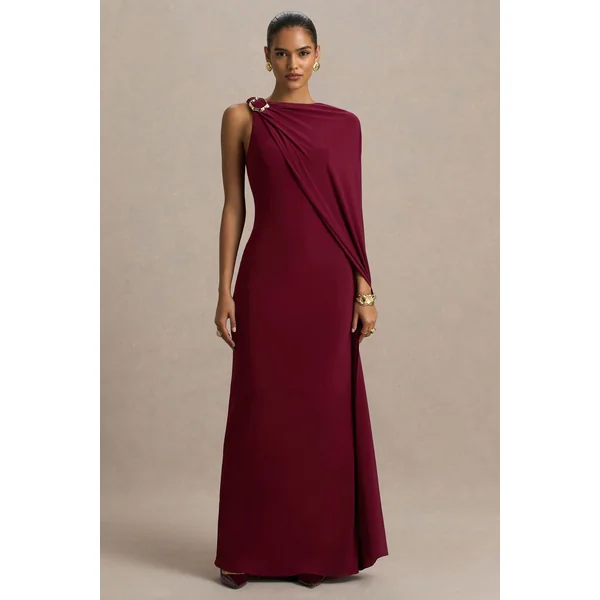 Cressida | Robe longue bordeaux à encolure asymétrique avec cape