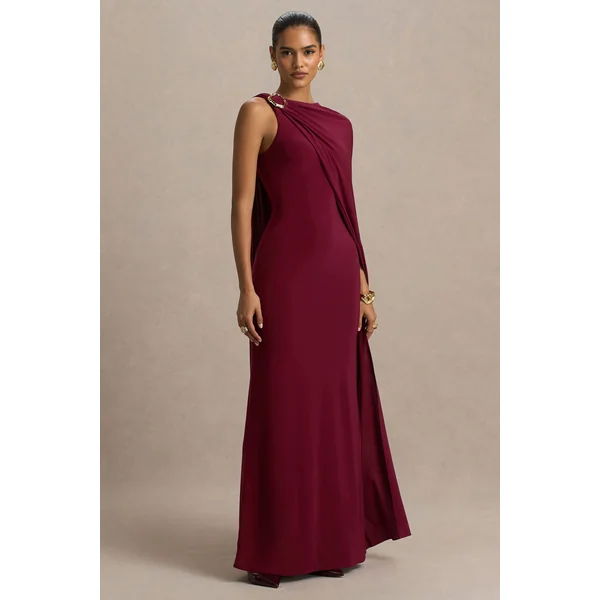 Cressida | Robe longue bordeaux à encolure asymétrique avec cape