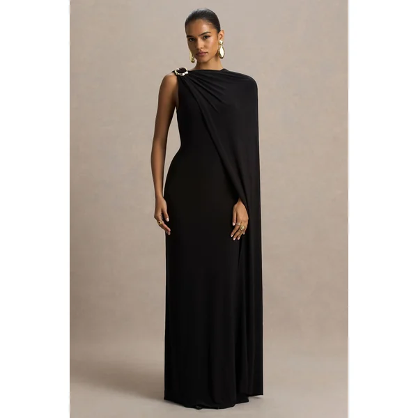 Cressida | Robe longue noire à encolure asymétrique avec cape