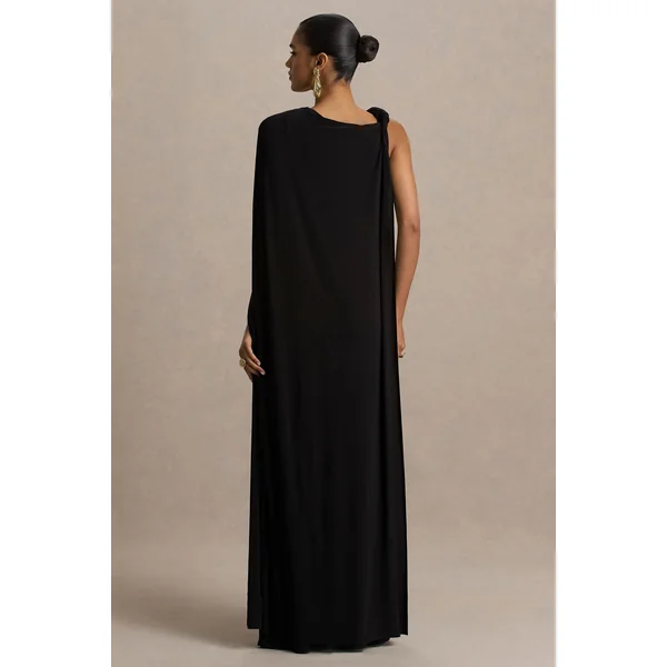 Cressida | Robe longue noire à encolure asymétrique avec cape