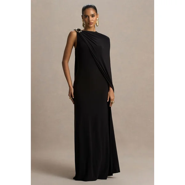 Cressida | Robe longue noire à encolure asymétrique avec cape