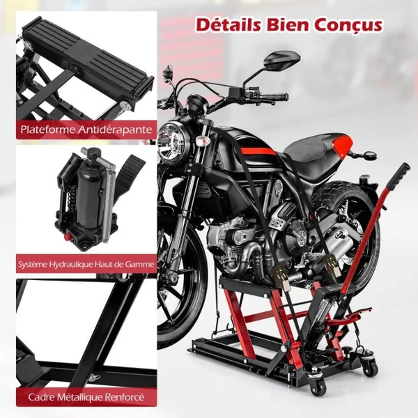 Cric Hydraulique pour Moto Capacité de 680 kg Table Élévatrice Moto Plateforme Réglable en Hauteur sur 3 Niveaux Noir
