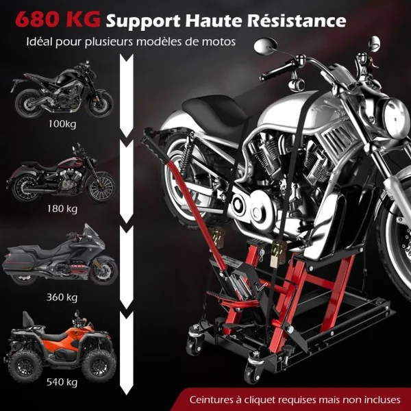 Cric Hydraulique pour Moto Capacité de 680 kg Table Élévatrice Moto Plateforme Réglable en Hauteur sur 3 Niveaux Noir