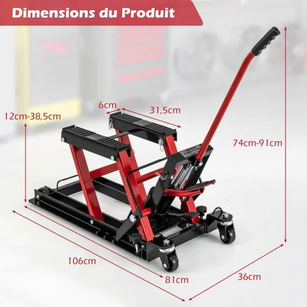 Cric Hydraulique pour Moto Capacité de 680 kg Table Élévatrice Moto Plateforme Réglable en Hauteur sur 3 Niveaux Noir