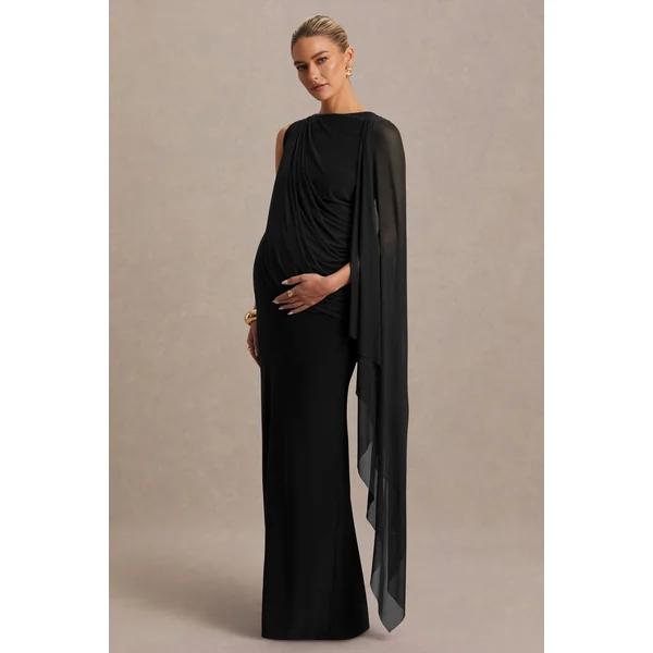 Cristina | Robe longue de maternité noire à encolure haute avec manche-cape
