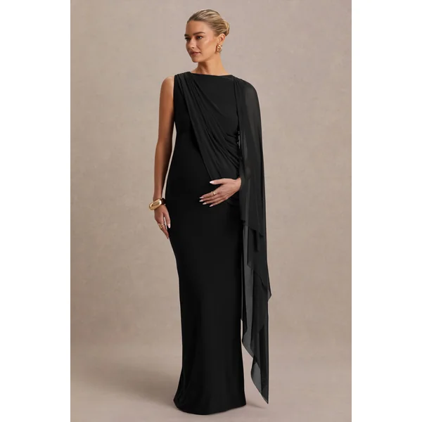 Cristina | Robe longue de maternité noire à encolure haute avec manche-cape