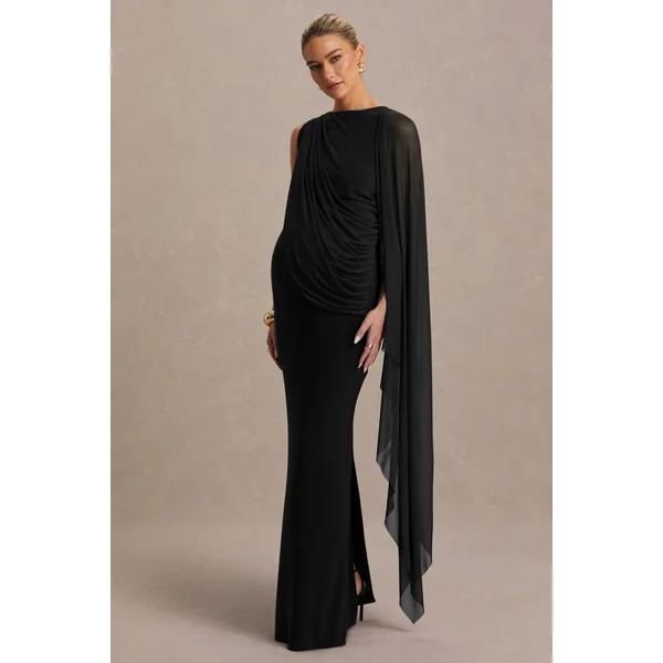 Cristina | Robe longue de maternité noire à encolure haute avec manche-cape