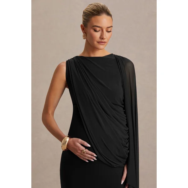 Cristina | Robe longue de maternité noire à encolure haute avec manche-cape