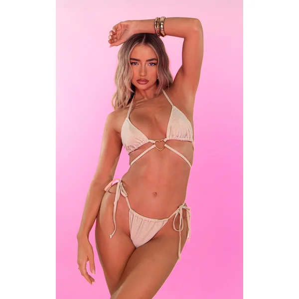 Crème Bas De Bikini À Paillettes Avec Détails Cœur Et Liens Sur Les Côtés