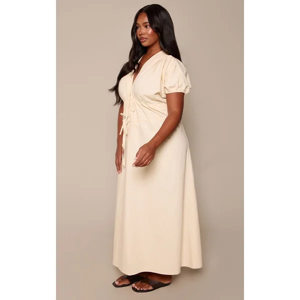 Crème Beurre Robe Midi En Coton Grande Taille À Nœud Devant