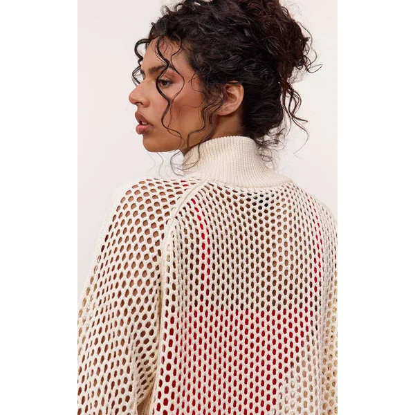 Crème Cardigan De Jogging En Maille Crochet Avec Détails Rayés